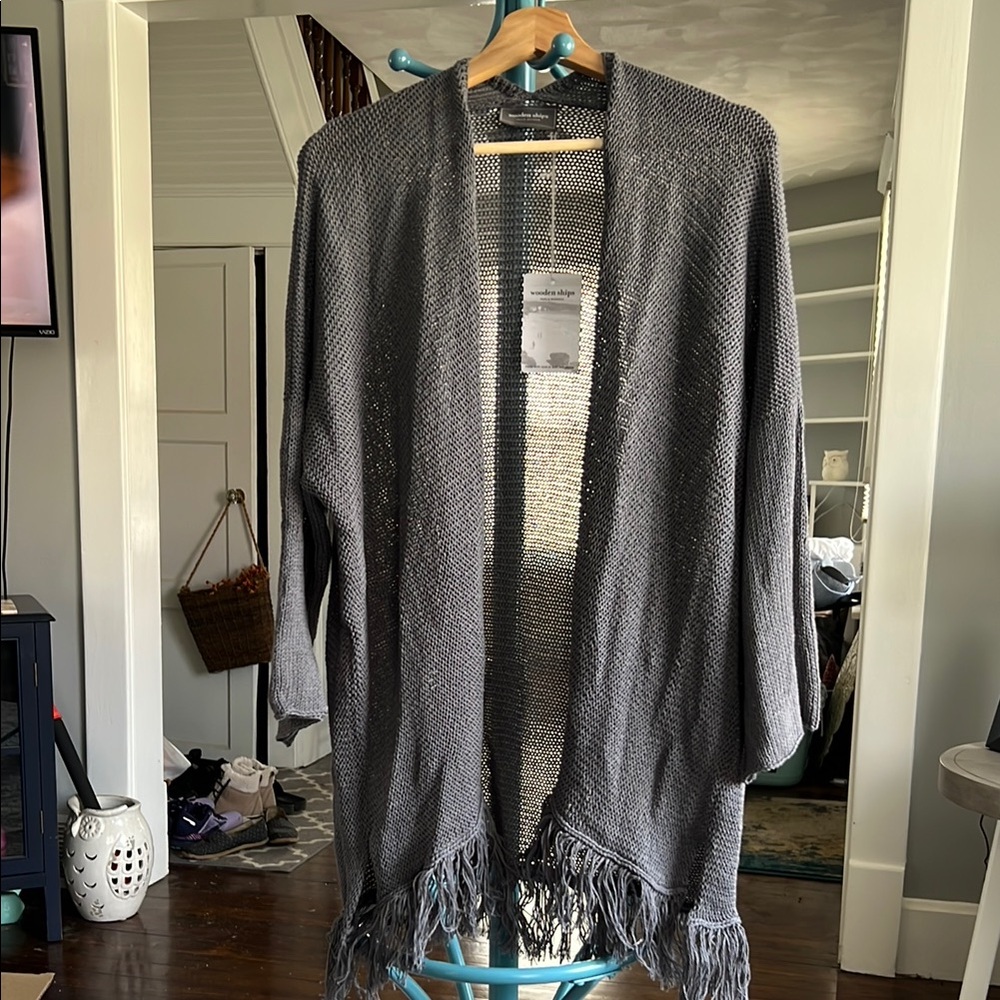 Wooden Ships Gray Fringe Open-Front cardigan
